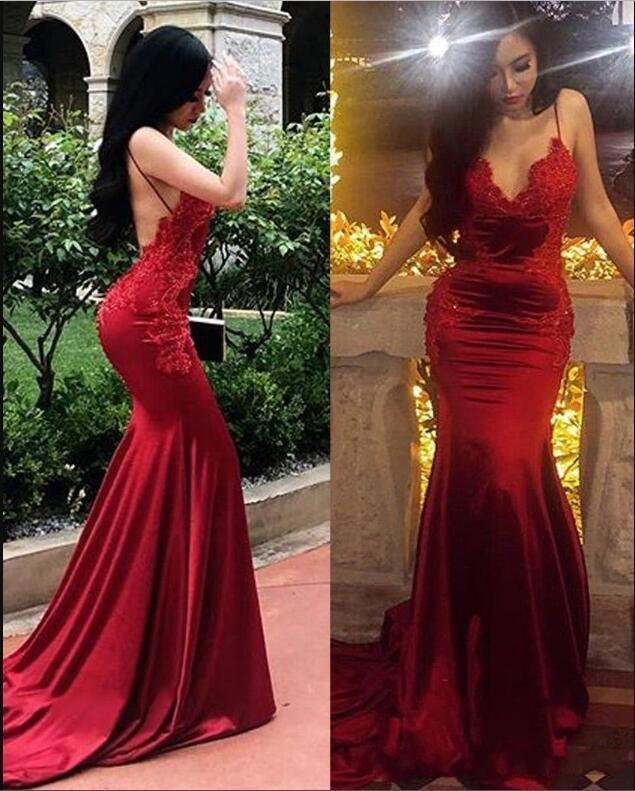 Chic Red Spaghetti Straps Mermaid V Neck Prom Dresses with Appliques, Formal Dresses STC15571
