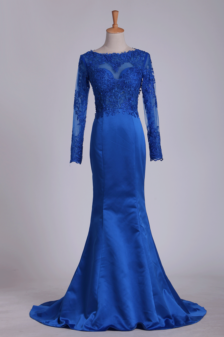 Royal Blue Prom Dresses Long Sleeves Mermaid/Trumpet Satin With Applique
