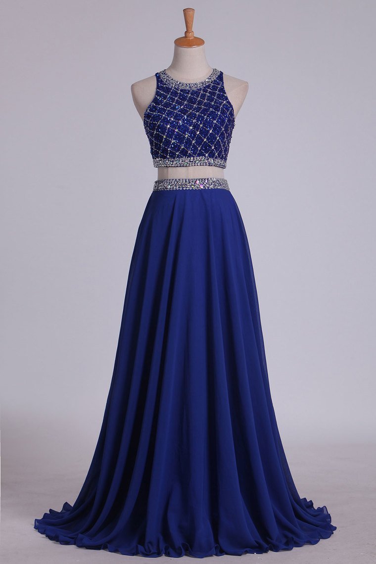 Two Pieces Bateau Open Back Prom Dresses A Line Chiffon & Tulle Dark Royal