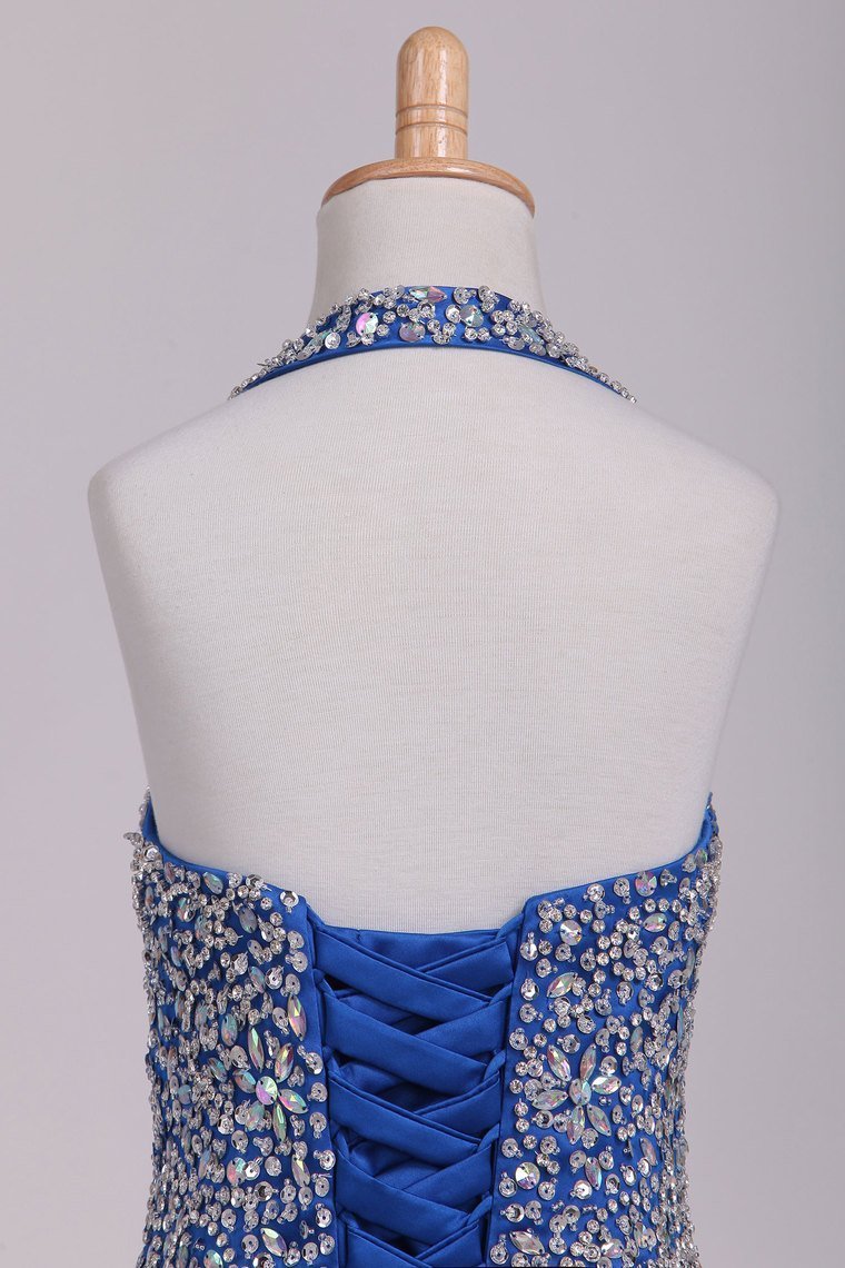 Flower Girl Dresses Halter Beaded Bodice A Line Tulle Royal Blue