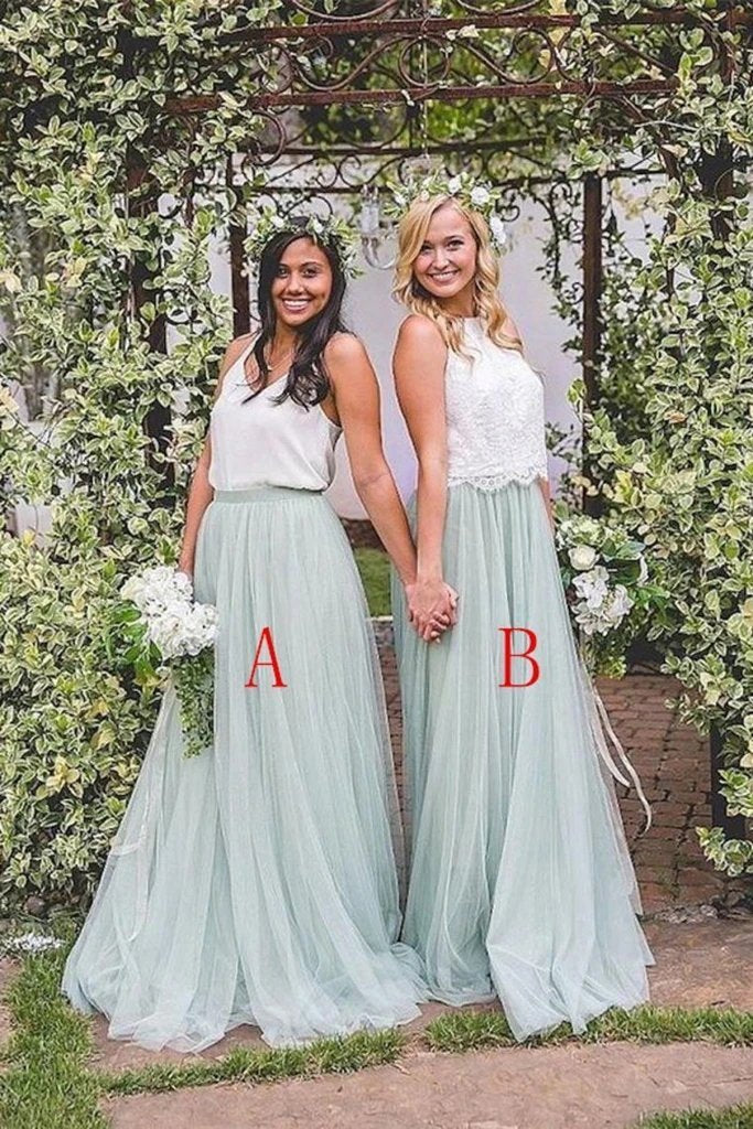 2 Pieces Tulle Ivroy And Mint Long Simple Cheap Elegant Bridesmaid Dresses STC15543