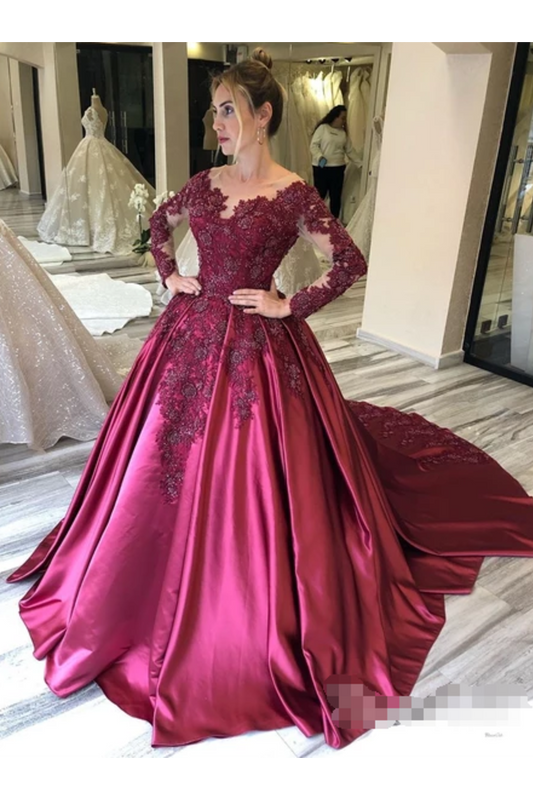 Prom Dress With Long Sleeves And Floral Embroidery Burgundy Colored Court STCPJ8SLMB9