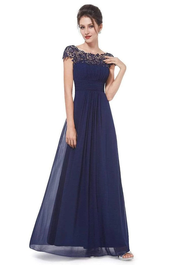 Elegant Lace Cap Sleeve Chiffon Evening Gowns Open Back Bateau Long Prom Dresses STC15170