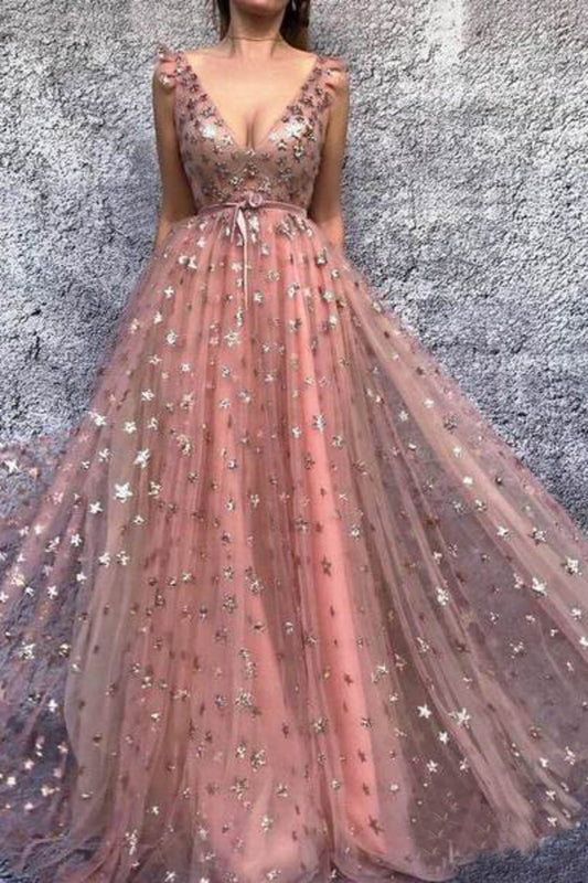 2024 Gold Star Printed Lace Prom Dresses V Neck Long Princess Ball Gown Evening