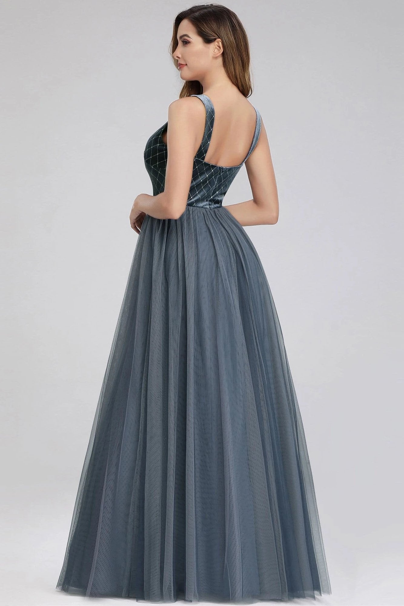 A-Line V-Neck Sleeveless Blue Floor-length Evening Dress Cheap Prom Dresses STC15055