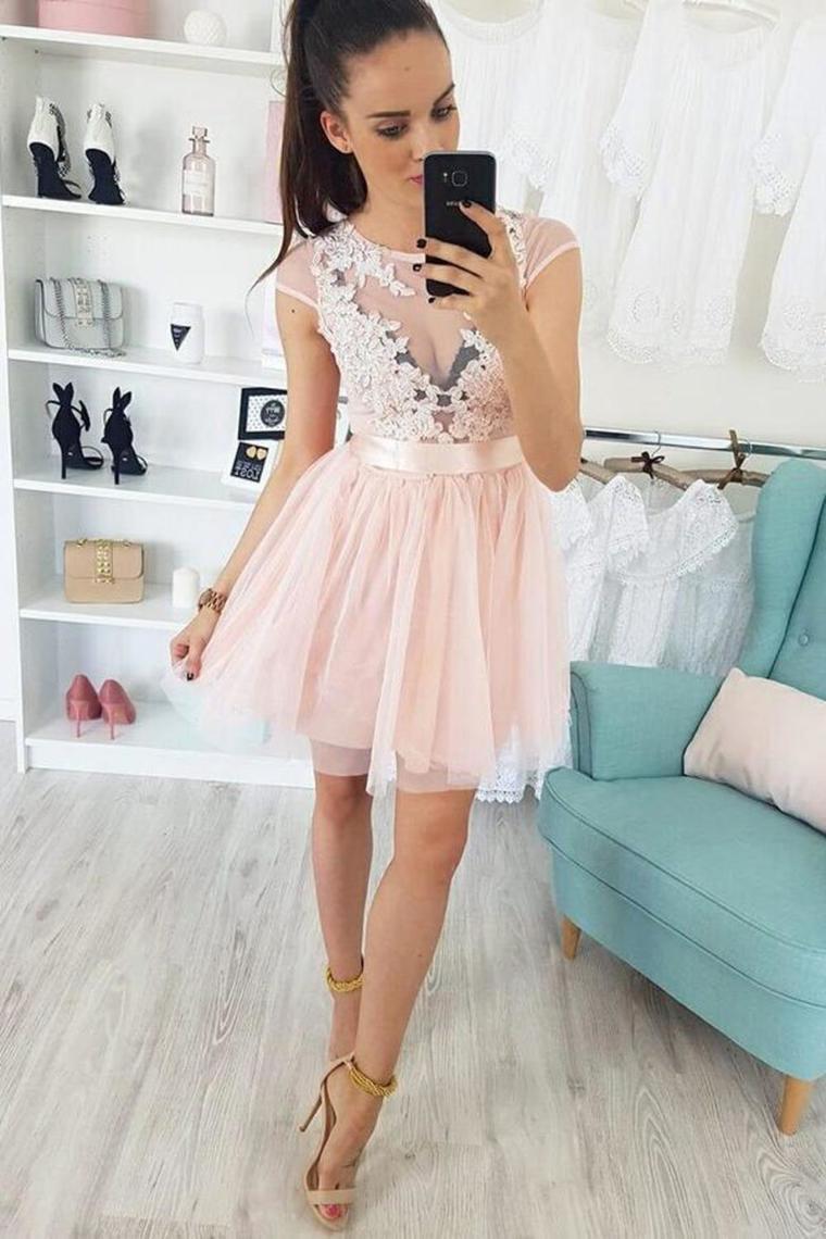 Appliques Cap Sleeve Pearl Pink Tulle Short Homecoming