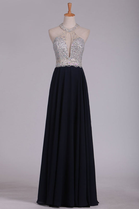 Chiffon Prom Dresses Floor Length Halter A Line With Beads Open Back