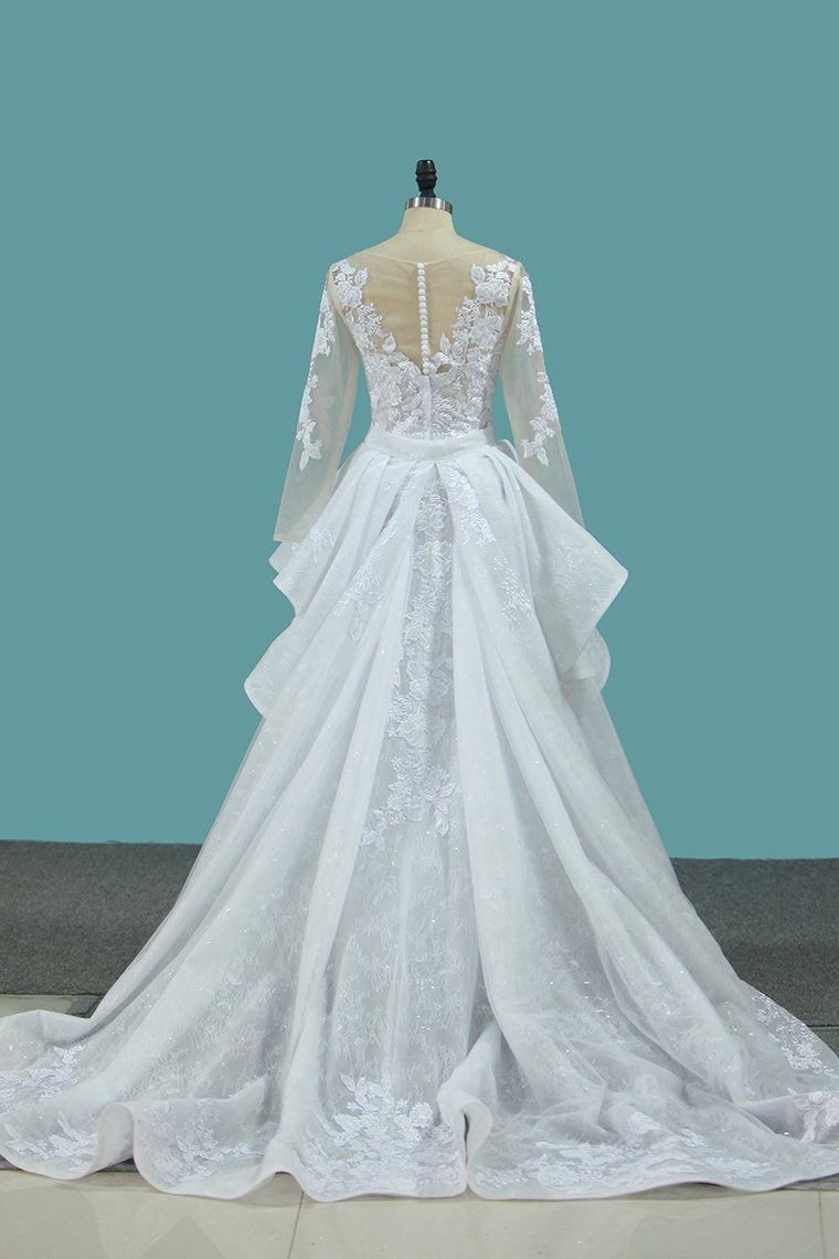 Scoop Long Sleeves Tulle & Lace Mermaid With Applique Chapel Train Detachable