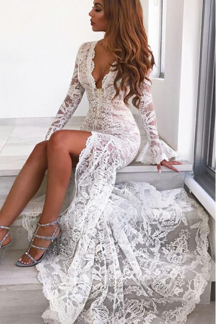 Long Sleeves Mermaid Lace V Neck Wedding Dresses with Slit, Wedding STC15651