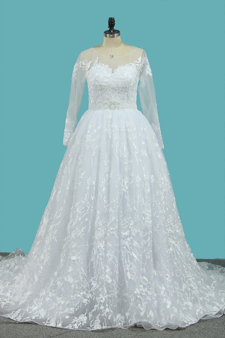 2024 Lace Wedding Dresses Long Sleeves Scoop A Line With Applique And Beads Court