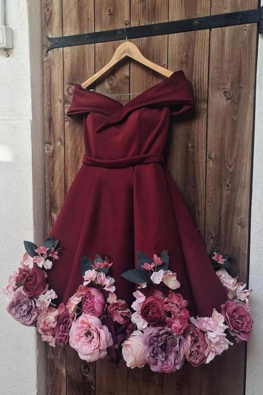 A-Line V Neck Hand-Made Flower Homecoming Dress Unique Short Long Sleeve Prom