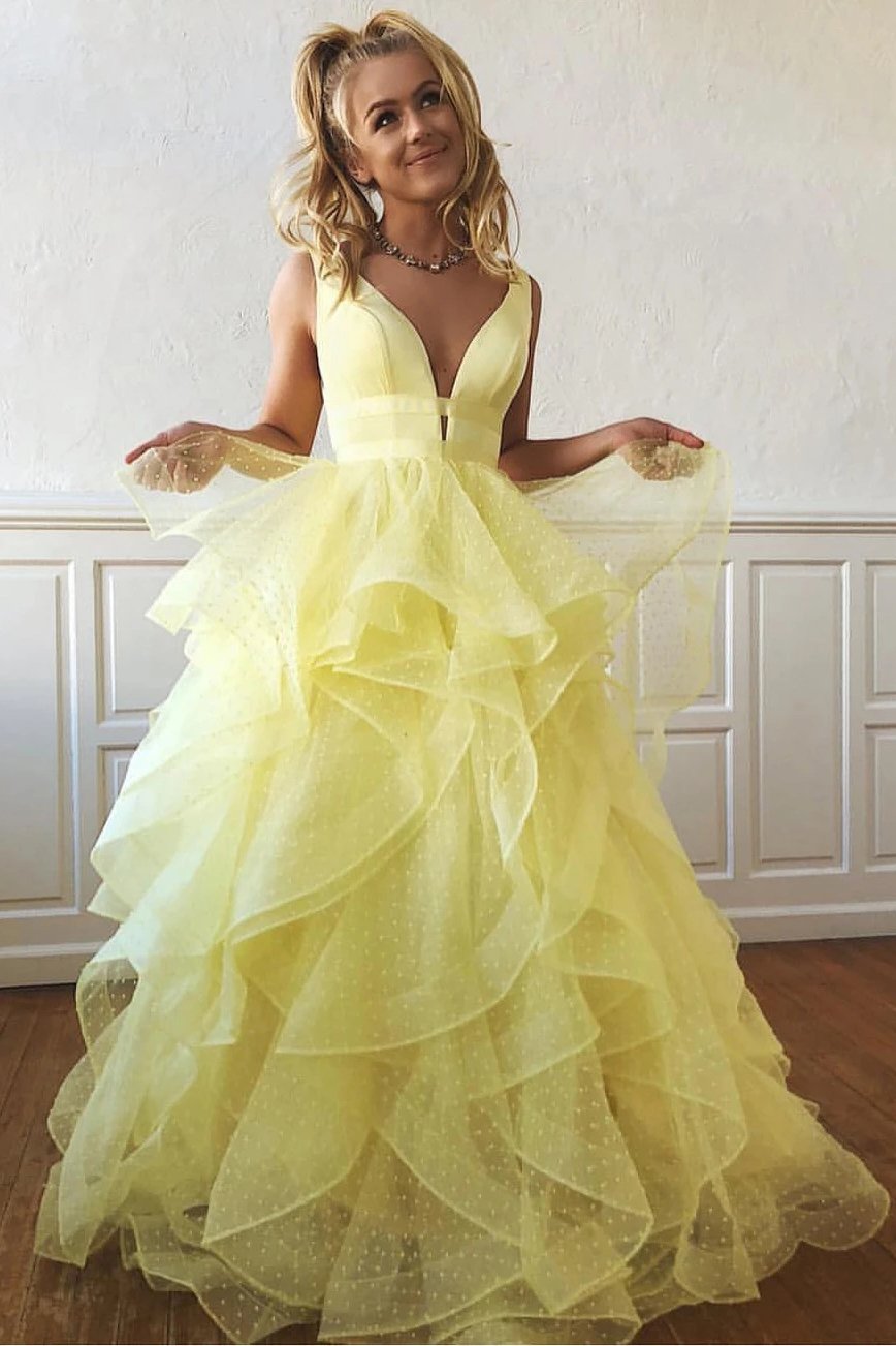 A Line Yellow Multi-layered Polka Dot Organza Prom Dresses Long Sweet 16 STC15616