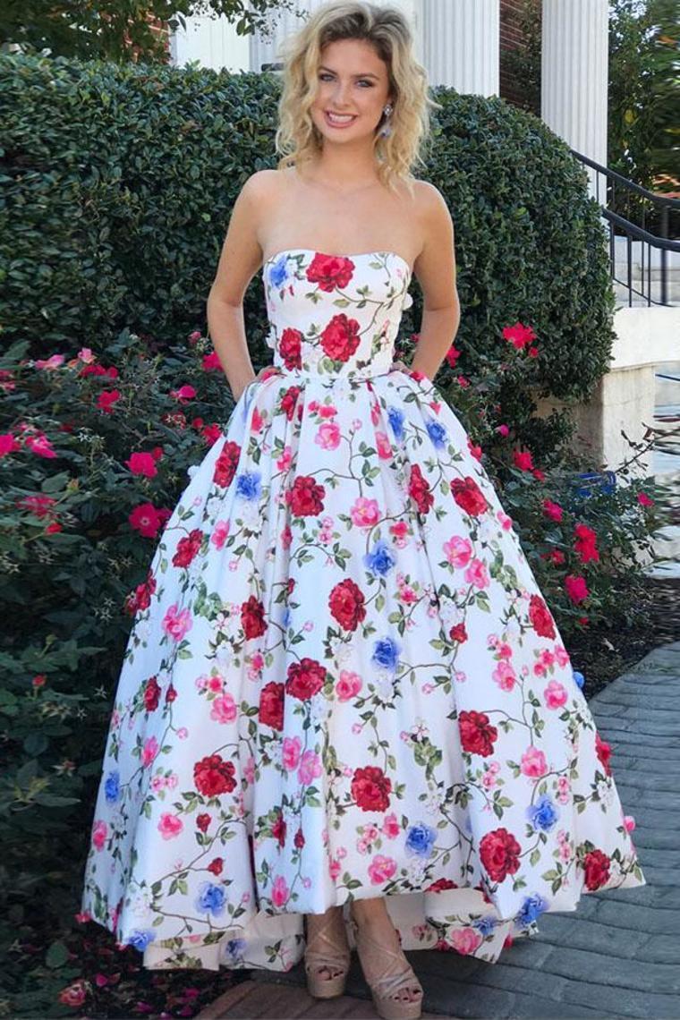2024 High Low Prom Dresses Strapless A-Line Floral Print Long Ball
