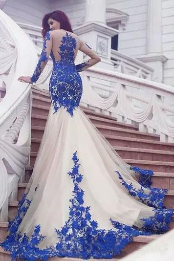 Mermaid Royal Blue Scoop Appliques Tulle Prom Dresses Long Evening STC20464