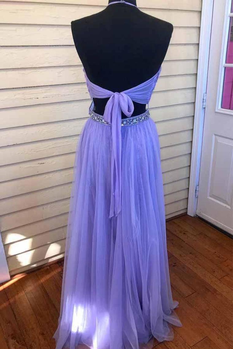 Charming 2 Pieces Long Halter Open Back Flowy Violet Tulle Beading Prom
