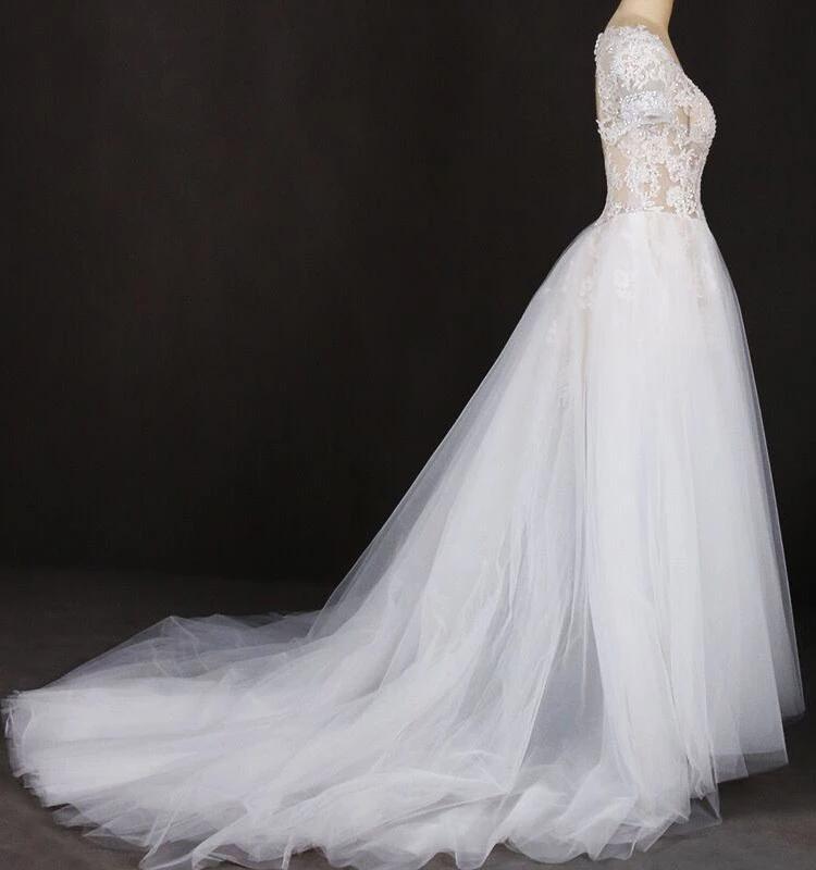 A-line Short Sleeves Beads V Neck Lace Applique Wedding Dresses, Bridal Dress STC15051