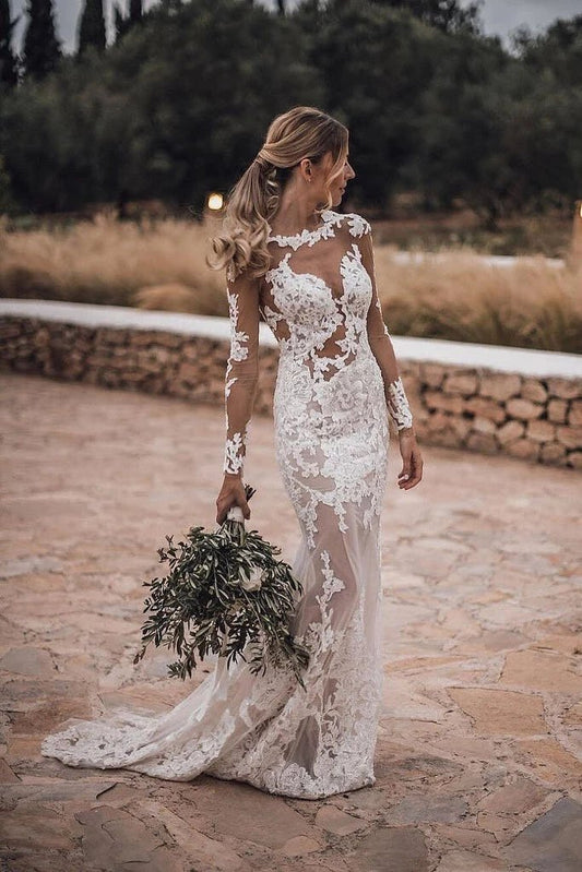 Mermaid Lace Appliques Long Sleeve See though Tulle Wedding Dresses, Beach Wedding Gowns STC15261
