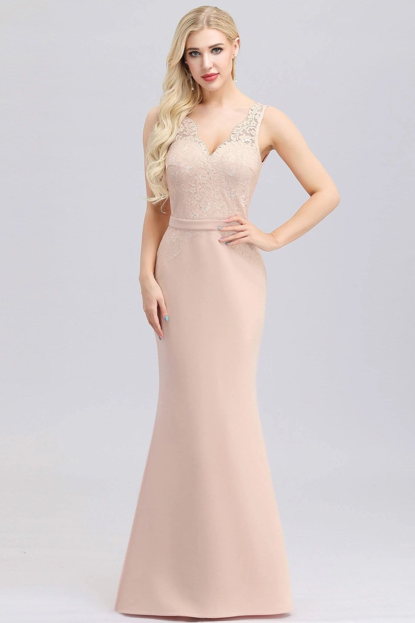 Elegant V-Neck Floral Lace Pink Evening Dress Satin Prom Dresses STC15216