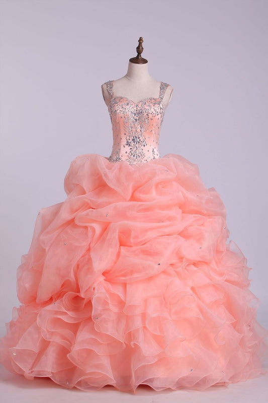 2024 Ball Gown Quinceanera Dresses Straps Beaded Bodice With Bubble Skirt