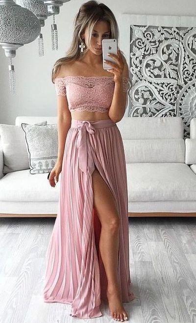 Two Piece Lace Top Off the Shoulder Short Sleeves Thigh-High Slit Sexy Evening Dresses