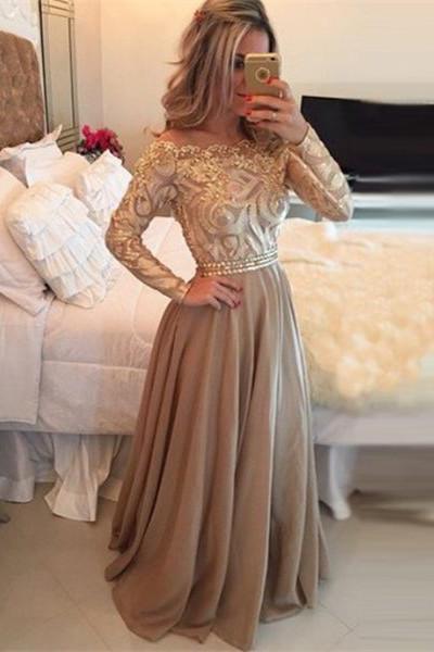 Hot Selling A-Line Cowl Floor Length Gold with Long Sleeves Prom Dresses