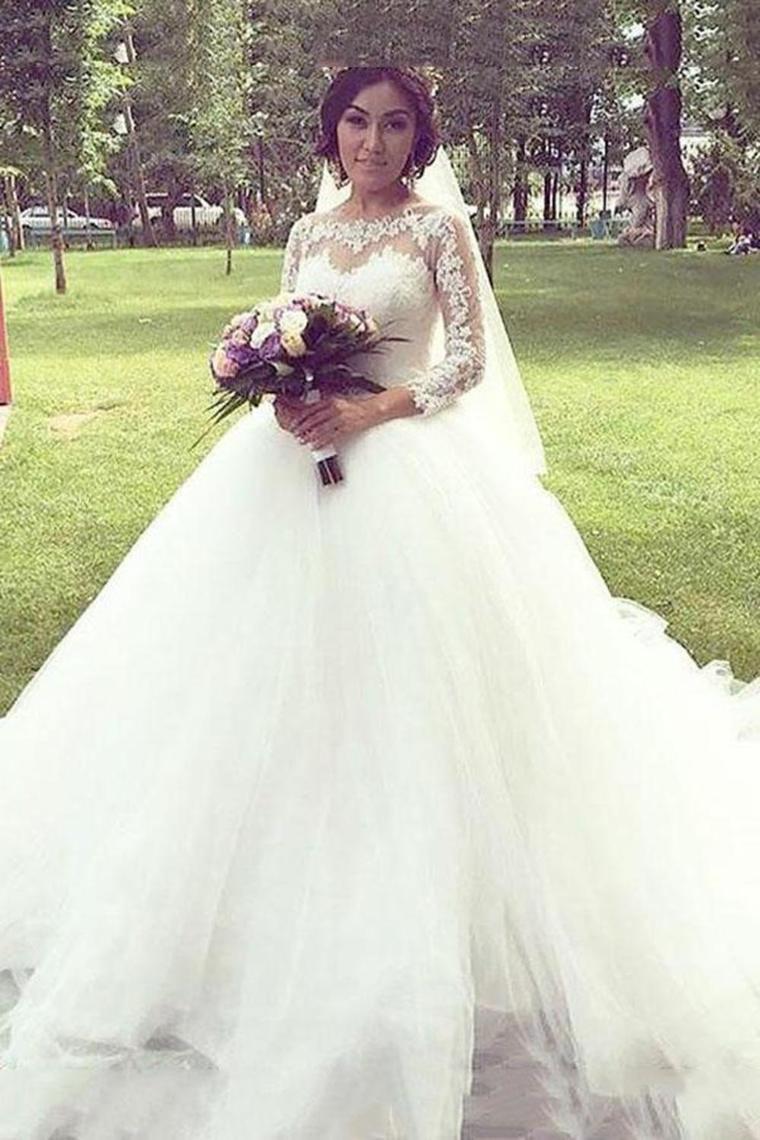 Princess Long Sleeves Bateau Ball Gown Tulle Wedding Dresses With Lace