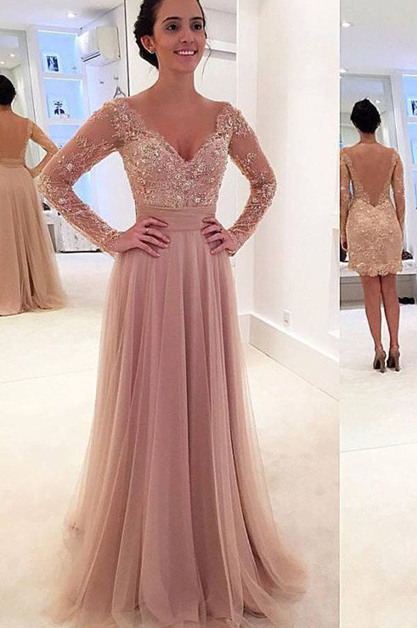 Charming V Neck Long Sleeves with Sequins Floor Length Tulle Prom Dresses