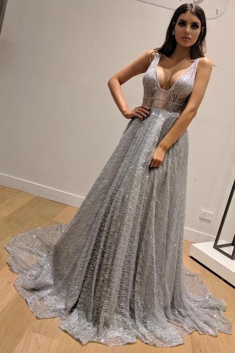 Chic A-Line Silver Backless V Neck Fashion Custom Unique Long Prom Dresses STC15130