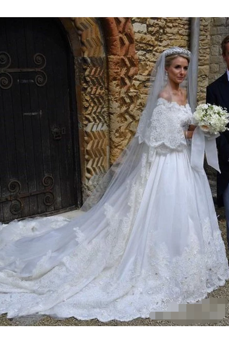 A Line Mid-Sleeves Ivory Satin Wedding Dresses With Cathedral Train Royal Lace Wedding