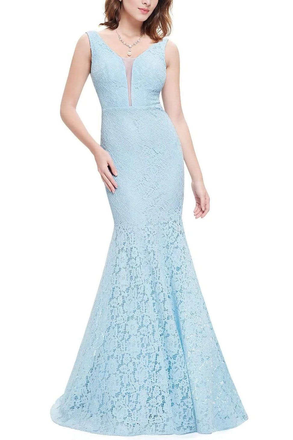 Sexy Fitted Lace Mermaid Blue V Neck Long Prom Dresses Evening Dresses STC15334