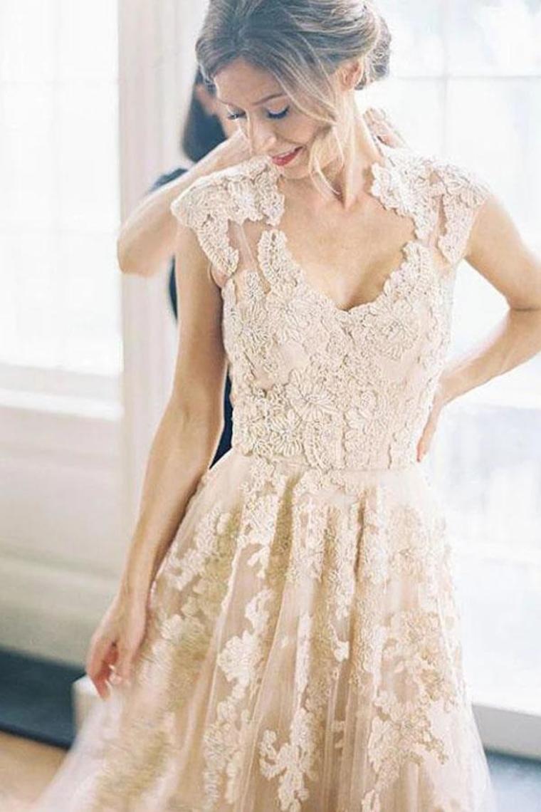 Elegant V-Neck Sleeveless Cap Sleeves Floor-Length Wedding Dress With STCPRQZPNT7