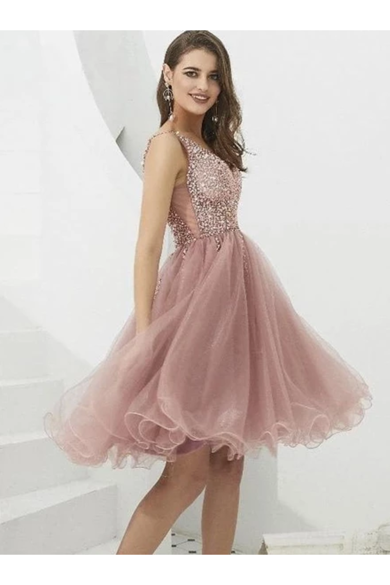 V-Neck Tulle With Beaded Short Homecoming