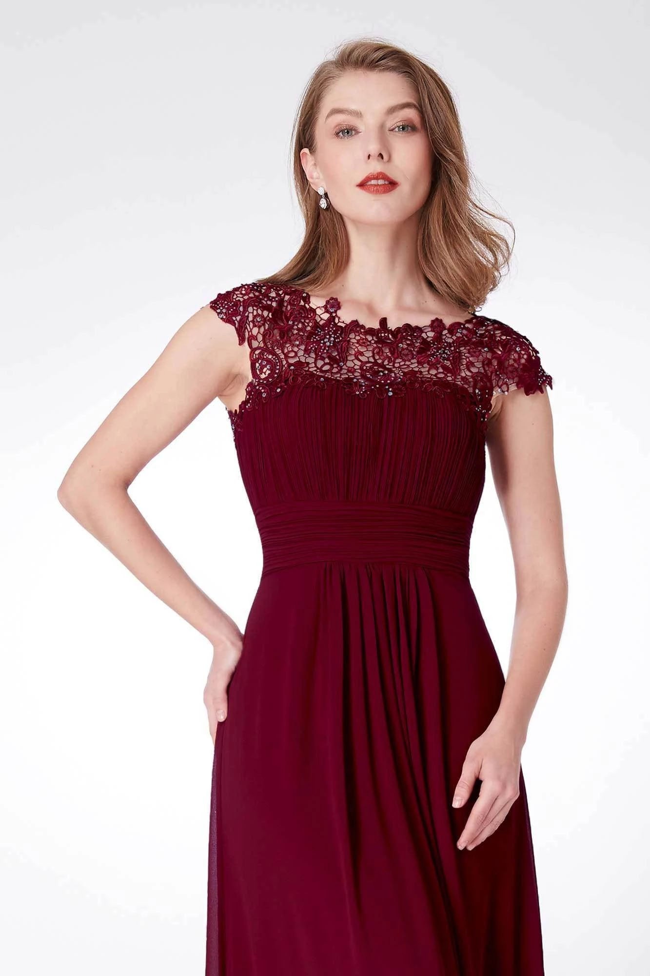 Elegant A Line Cap Sleeve Burgundy Lace Prom Dresses with Chiffon, Bridesmaid Dresses STC15145