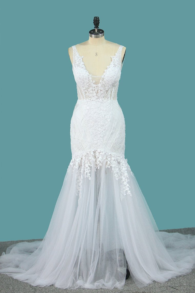 Spaghetti Straps Tulle Mermaid Wedding Dresses With Applique