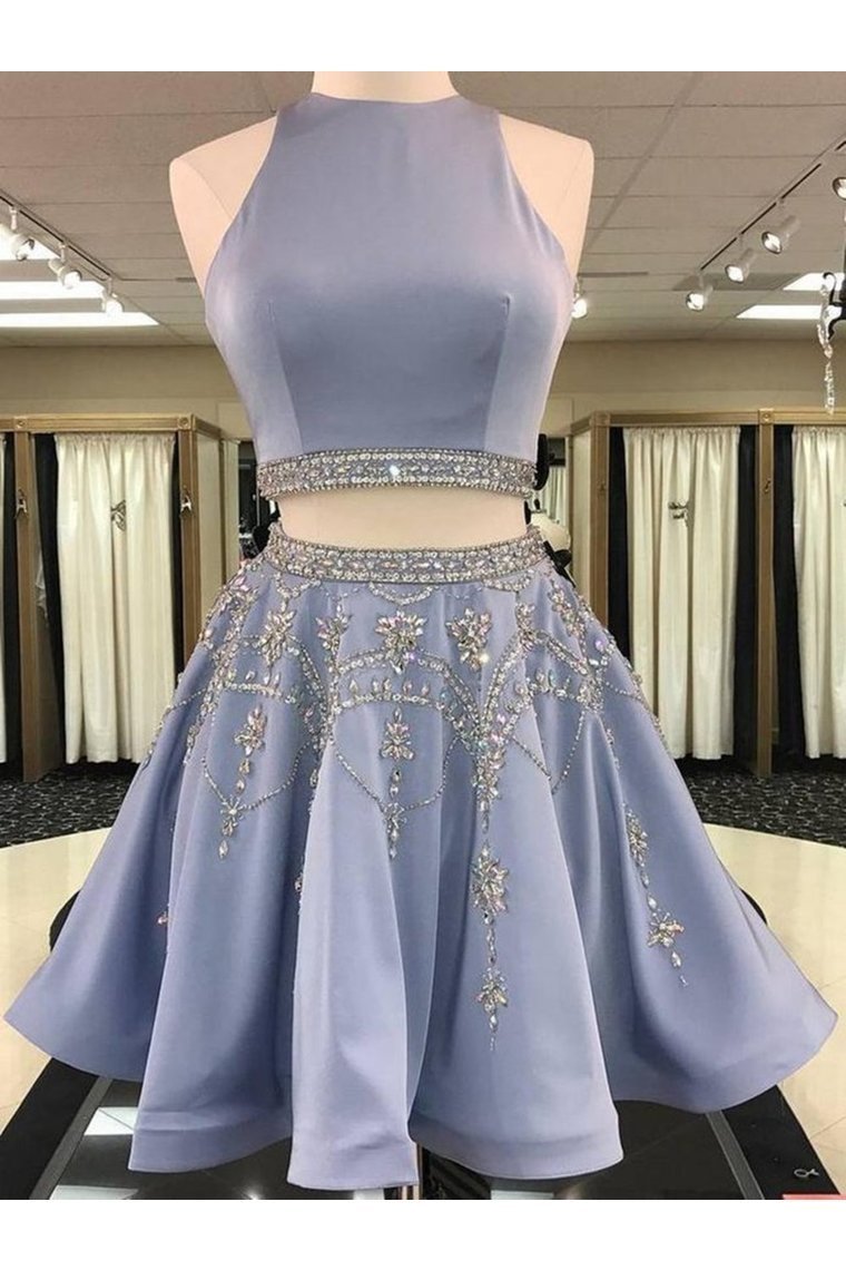 A Line 2 Pieces Beaded Satin Short Homecoming Dresses