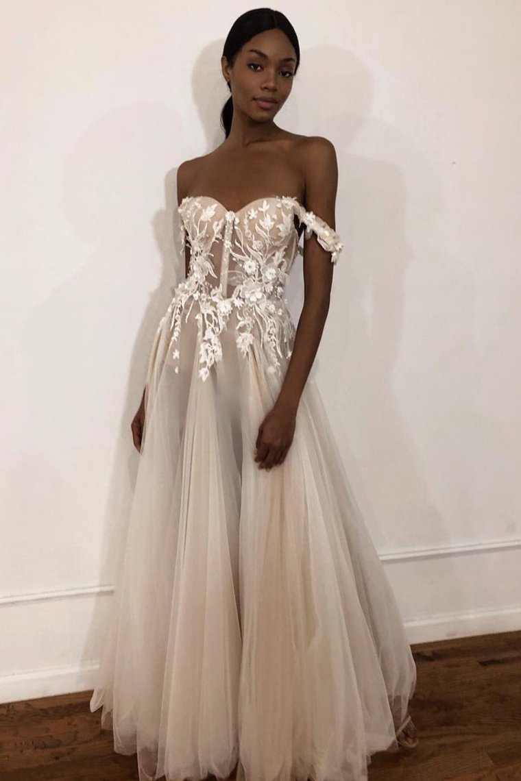 Unique Off The Shoulder Ivory Long Wedding Dress With Appliques Sweetheart Wedding STCPMJM4785