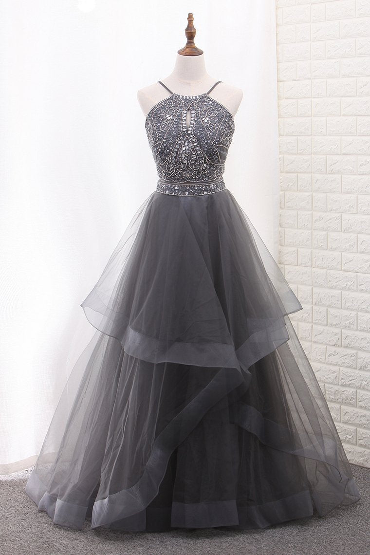 2024 A Line Tulle Spaghetti Straps Two-Piece Prom Dresses With