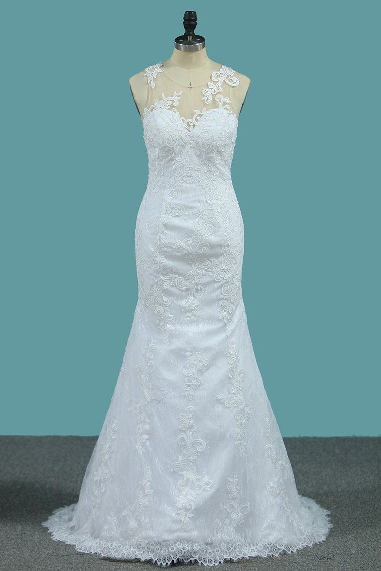 2024 Mermaid Wedding Dresses Tulle Scoop With AppliqueCourt
