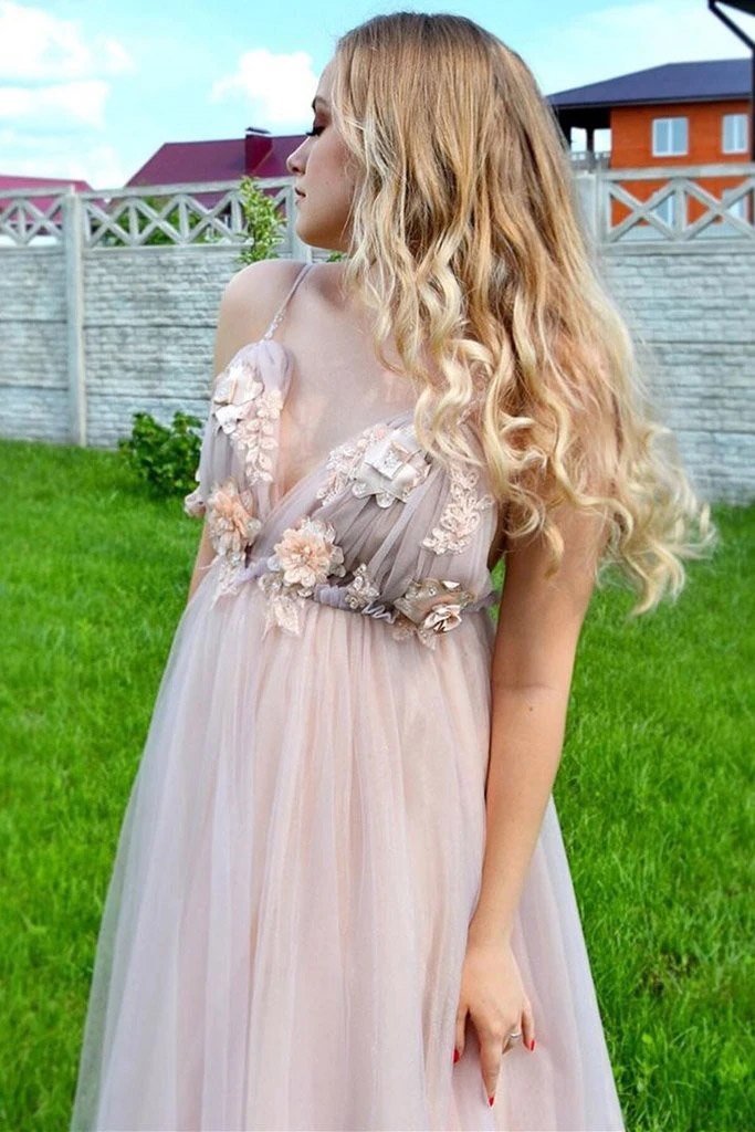 Elegant A Line Spaghetti Straps V Neck Prom Dress With Handmade Flowers, Bridesmaid Dress STC15577