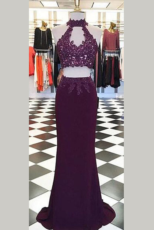 Burgundy Two Piece Sheath Sweep Train Halter Open Back Appliques Prom Dresses