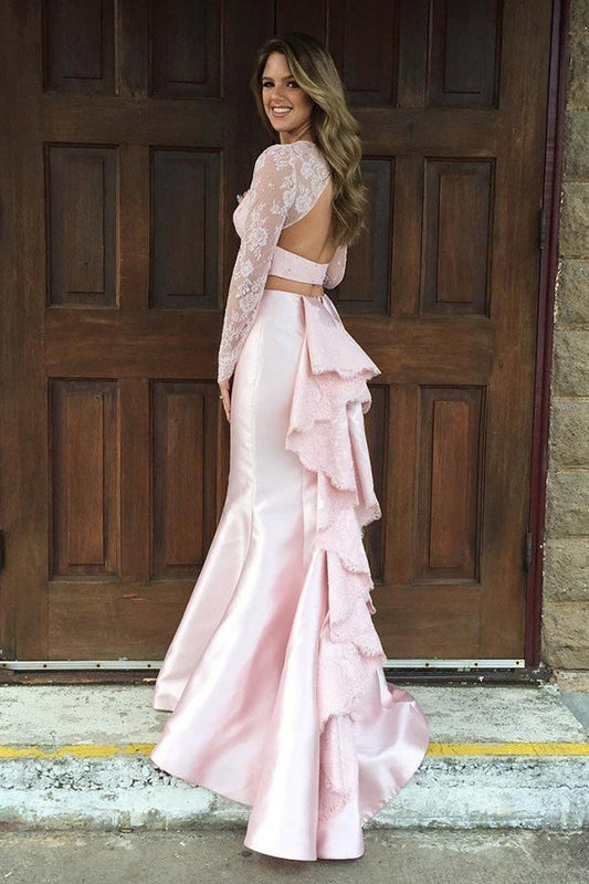 Pink Two Piece Trumpet Sweep Train Long Sleeve Keyhole Back Lace Prom Dresses