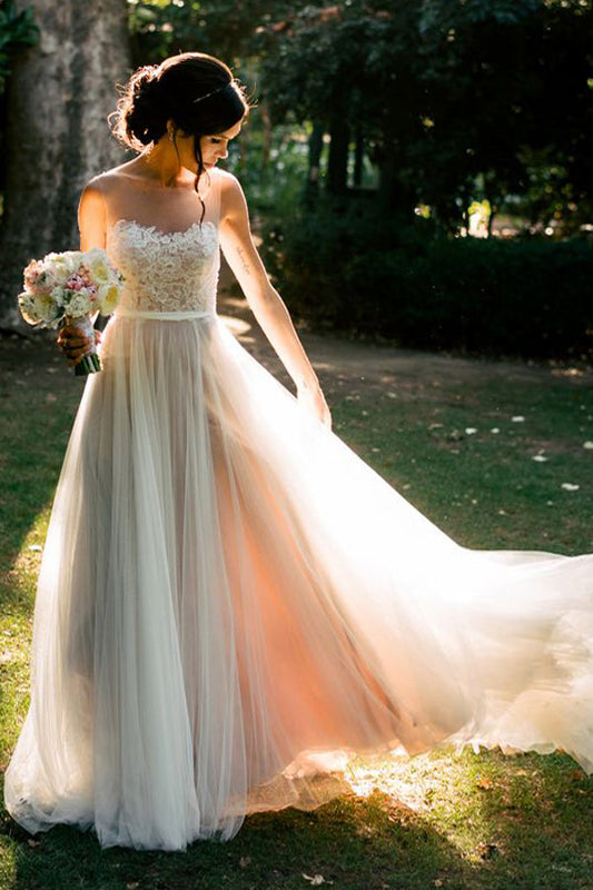 A Line Sweep Train Sheer Neck Layers Tulle Appliques Wedding Dresses