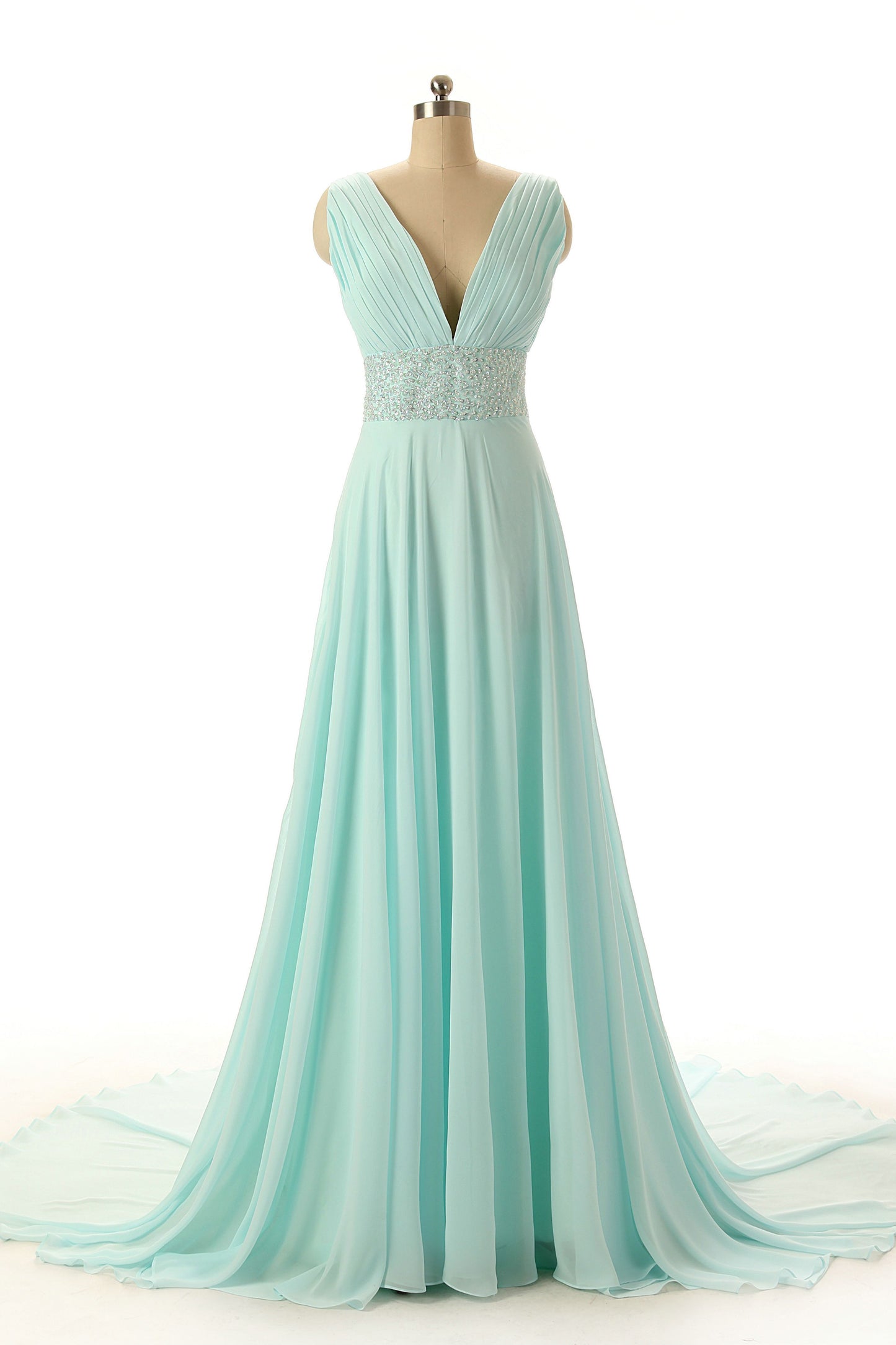 Hot Sale A-line V-Neck Beads Sleeveless Chapel Train Empire Green Chiffon Prom Dresses