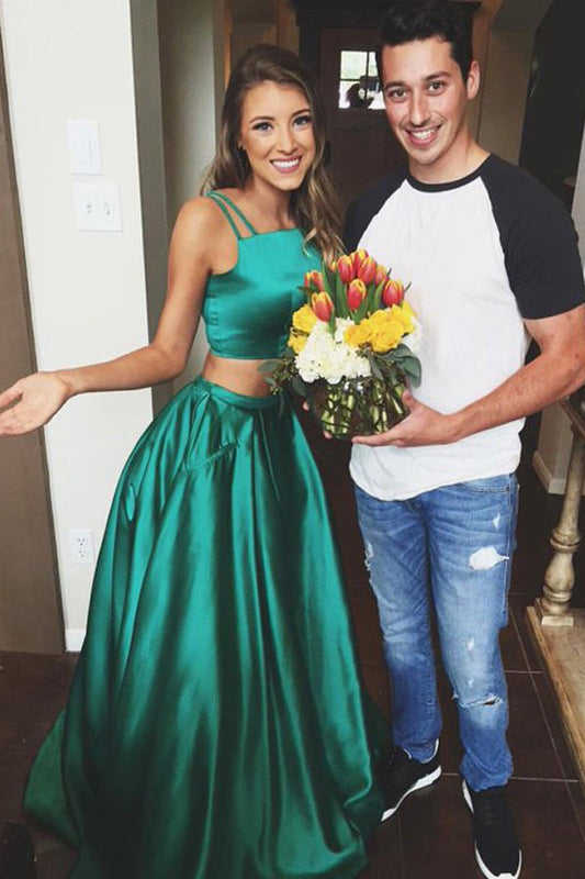Green Two Piece A Line Sweep Train Sleeveless Mid Back Prom Dresses