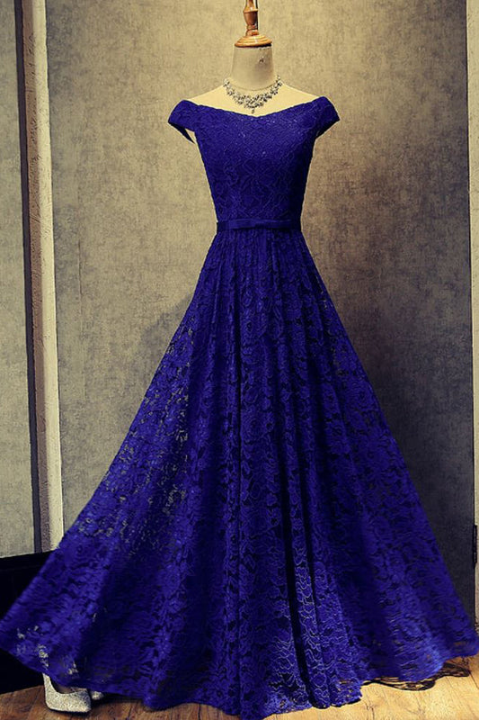 Royal Blue A Line Floor Length Off Shoulder Lace Up Hollow Prom Dresses