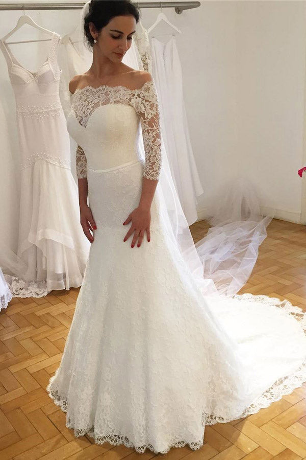 Elegant Formal Trumpet Off The Shoulder Ivory Lace Wedding Dresses With Sleeves