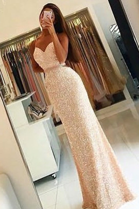 Sparkle Golden Sheath Floor Length Sweetheart Strapless Sleeveless Backless Prom Dresses