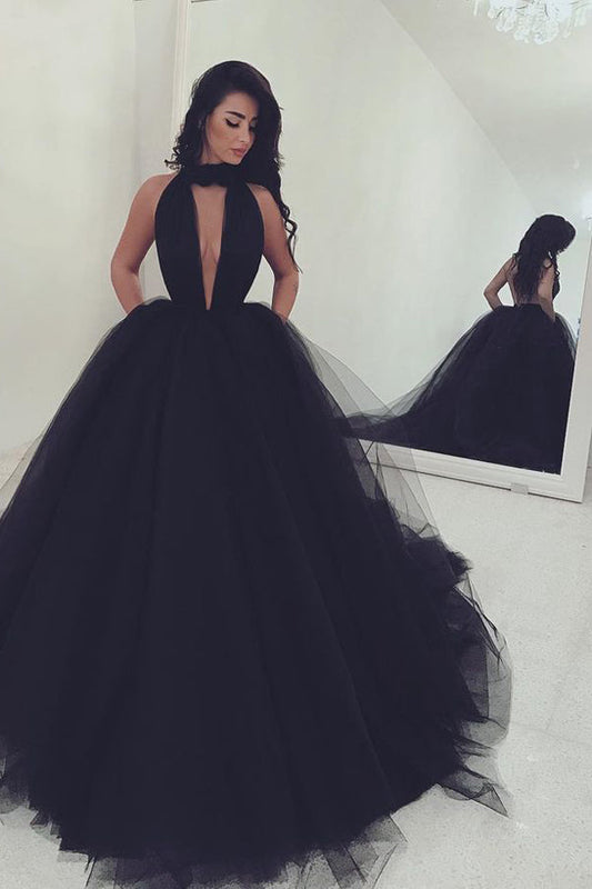 Black Ball Gown Court Train Halter Sleeveless Backless Tulle Prom Dresses