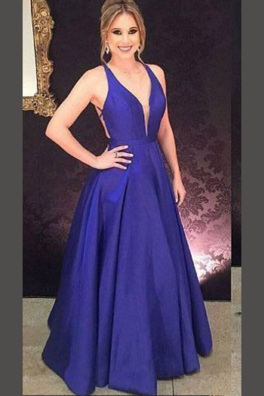 Royal Blue Floor Length Deep V Neck Sleeveless Backless Prom Dresses