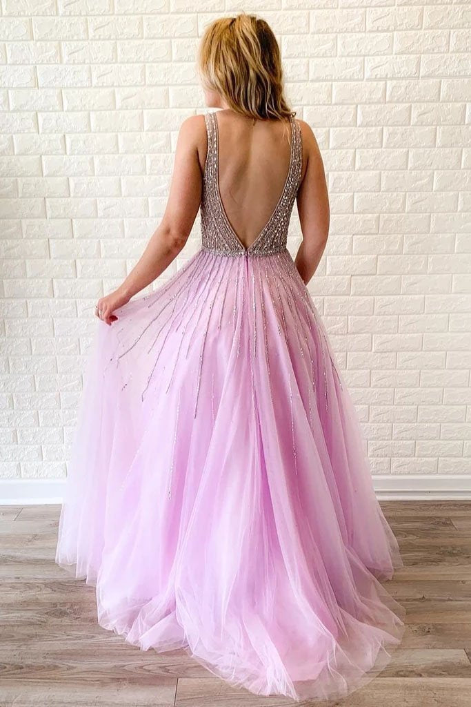 A Line Lilac Deep V Neck Beads Modest Tulle Prom Dresses, Long Formal Dresses STC15490